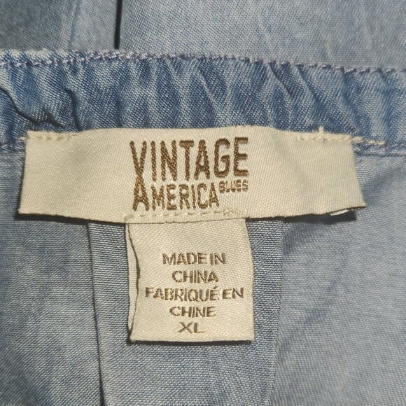 Vintage America Chambray Top Women's XL Blue Embroidered Peasant Boho Western - Picture 6 of 8